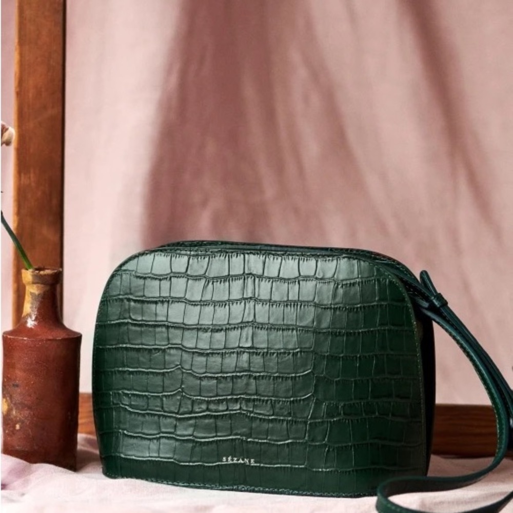Sezane Victor Dark Green Croc-Embossed Crossbody Bag